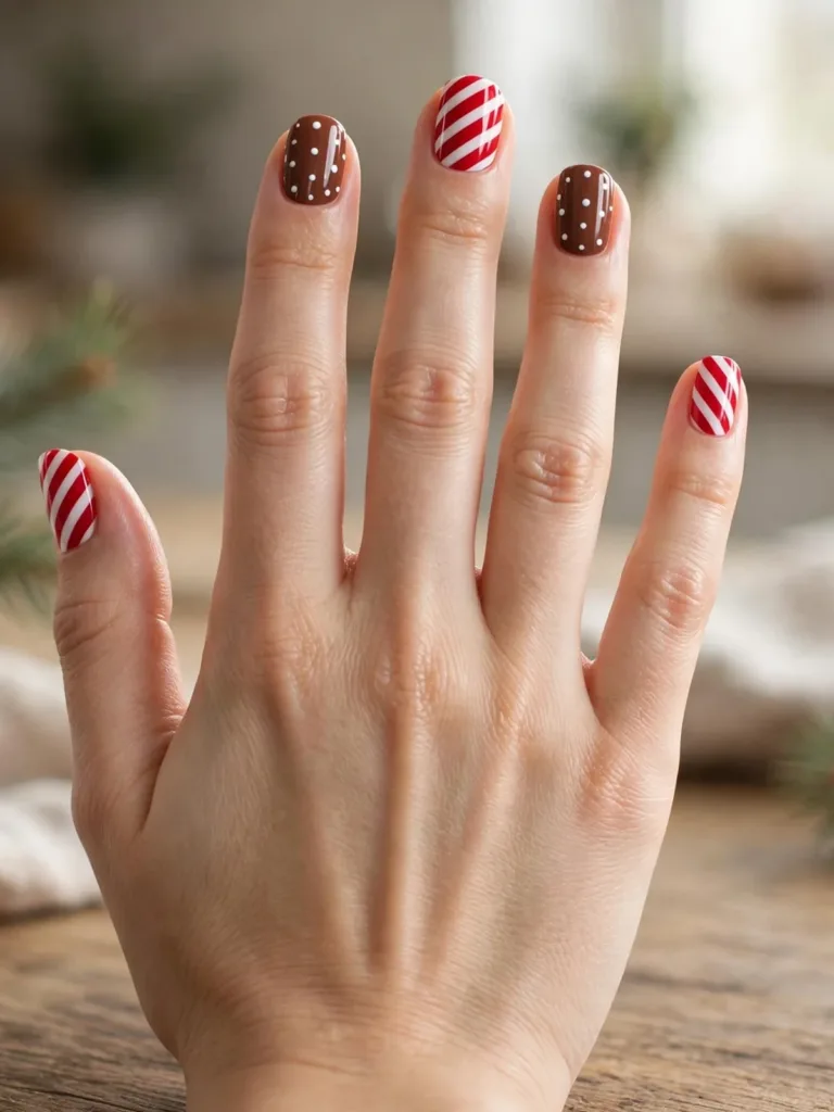 Candy cane striped nails mixed with cocoa nails and white dots