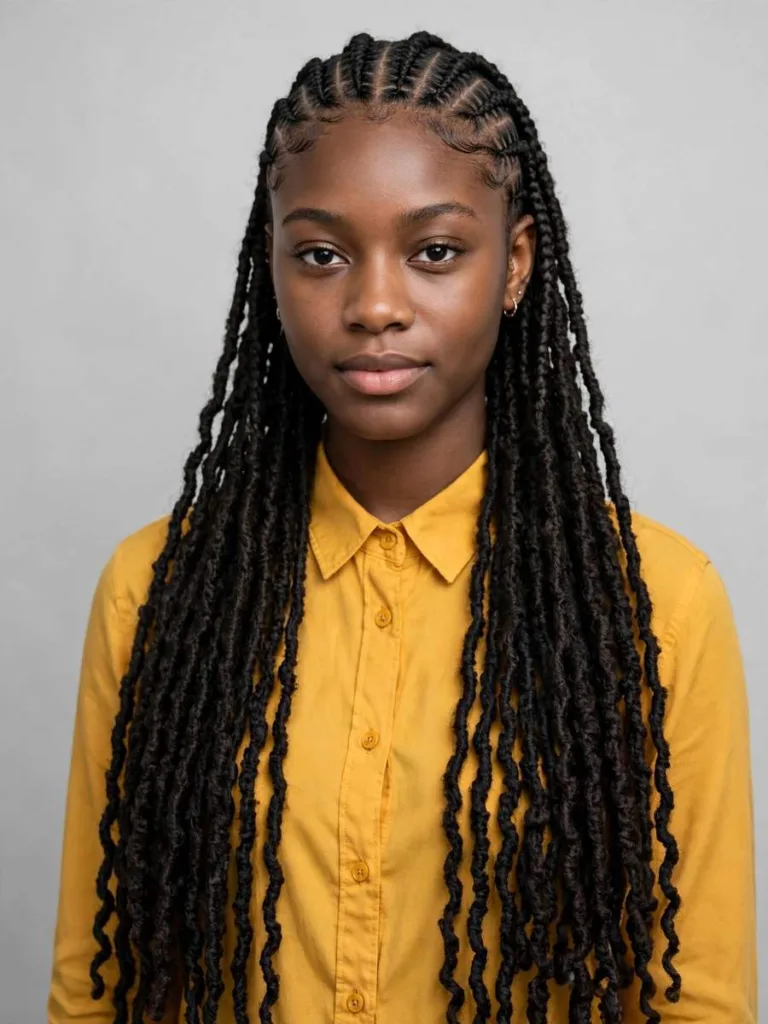 Woman with crochet faux locs over cornrows, front view