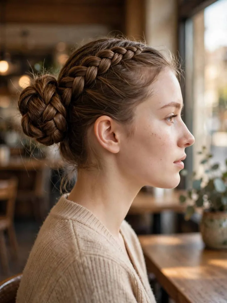 Fishtail Braided Bun on a woman in her early 20s, braided bun hairstyle