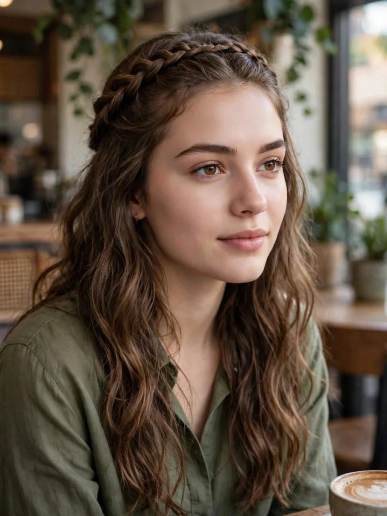 Half Crown Braid With Loose Waves on a woman in her early 20s, braided crown hairstyle
