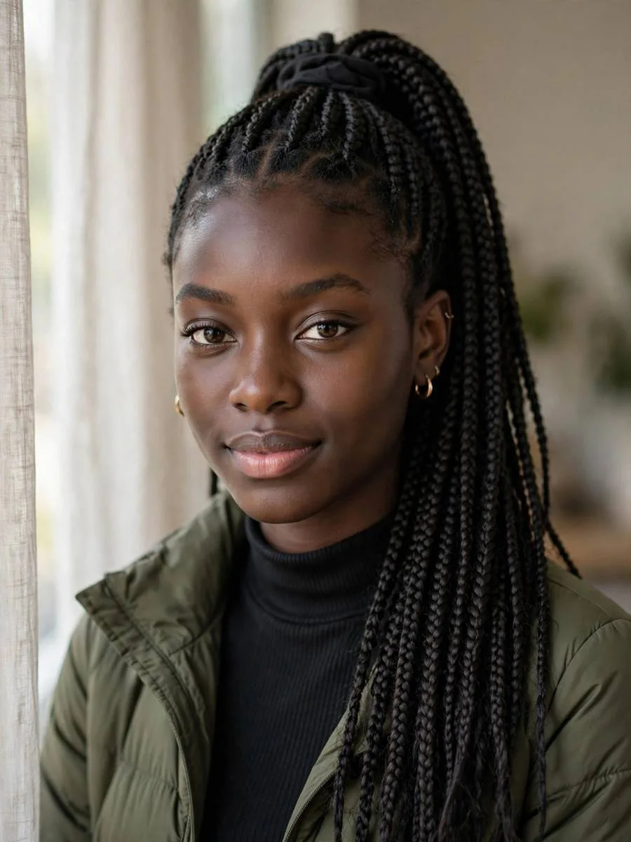 Knotless braids gathered into a ponytail with a flat natural base