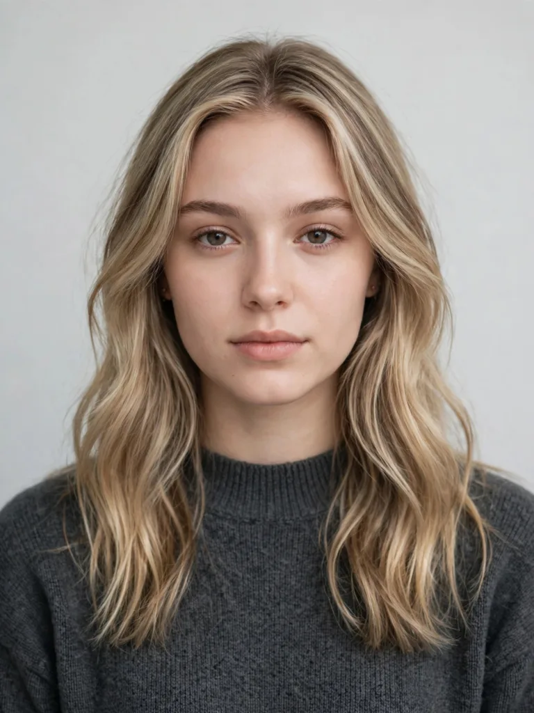 Front view of mushroom blonde hair with darker cool beige lowlight ribbons through a lighter base