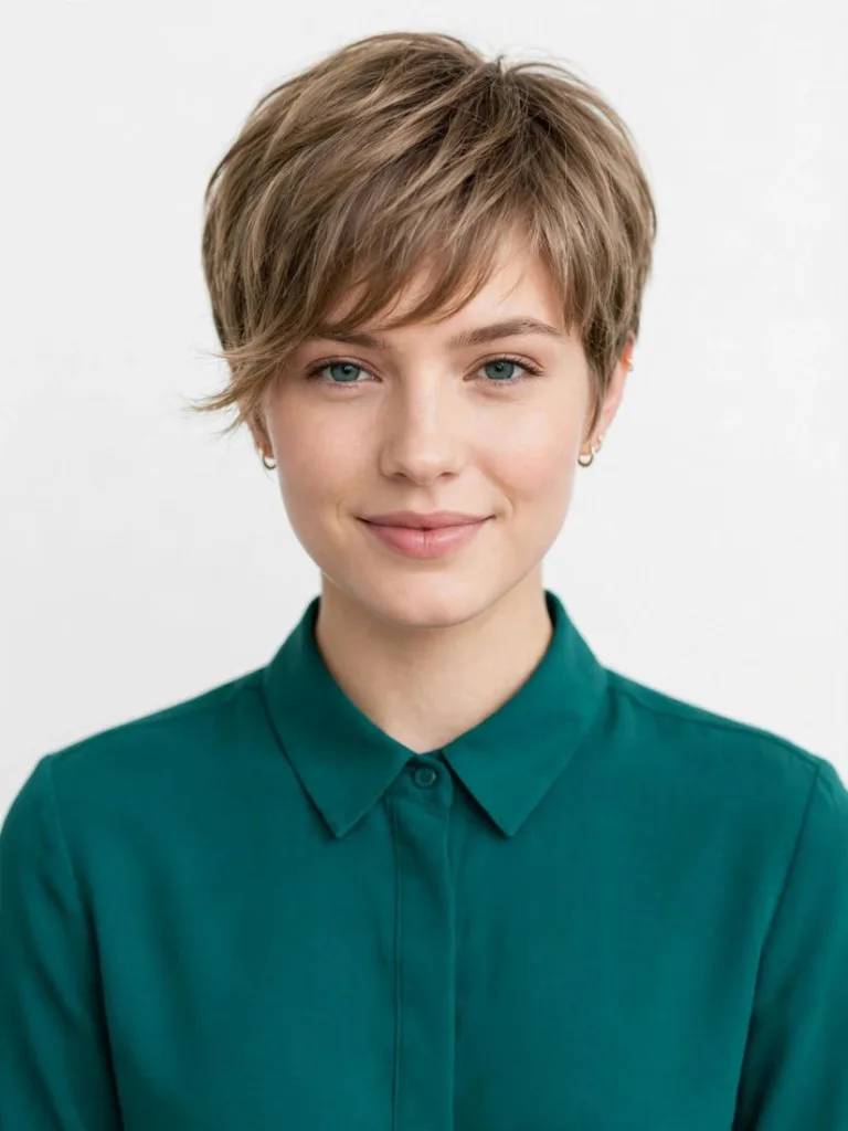Soft Pixie Cut haircut on a woman in a bright salon, a 2026 hair trends idea