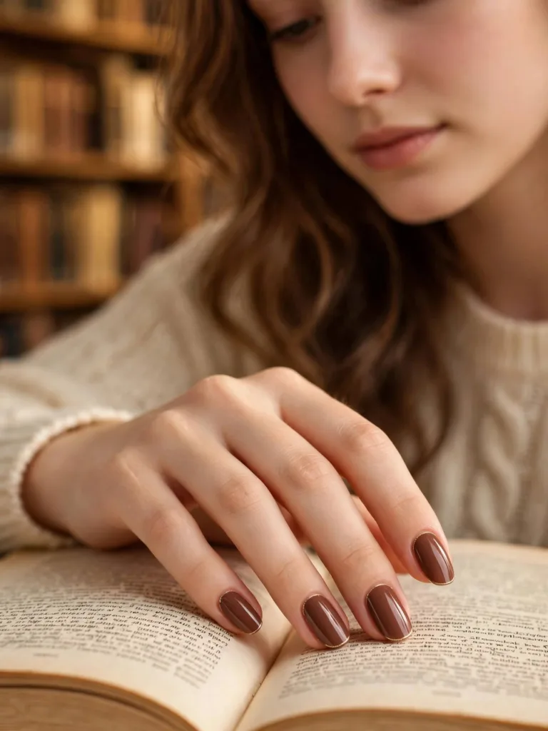 Gold micro-French line on cocoa brown fall nails