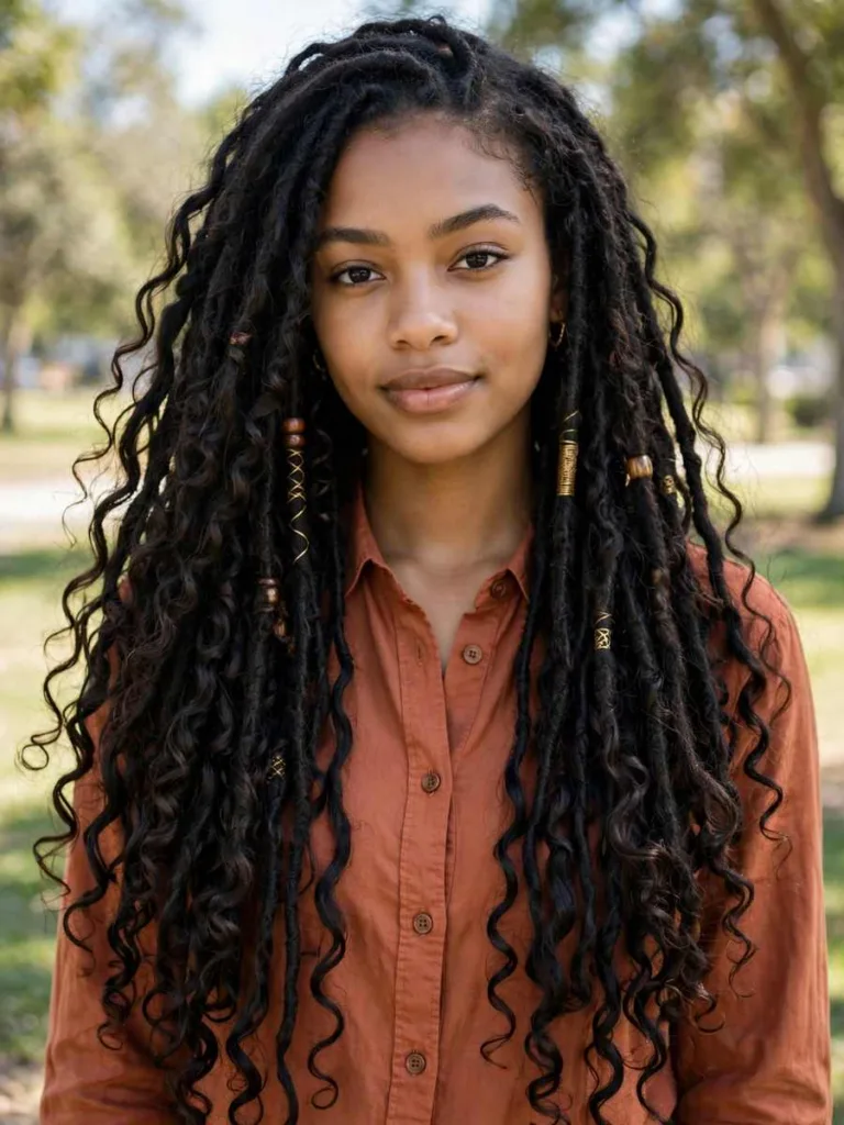 Woman with boho locs with loose curls throughout