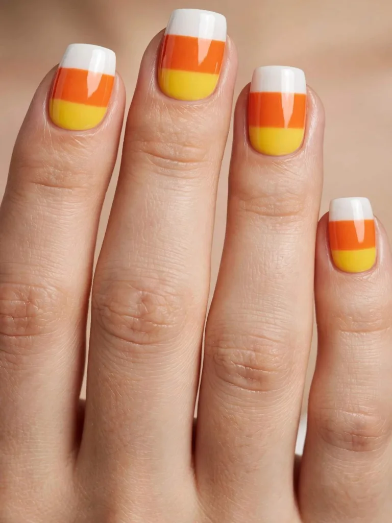Candy corn striped nail art in white, orange and yellow color blocking