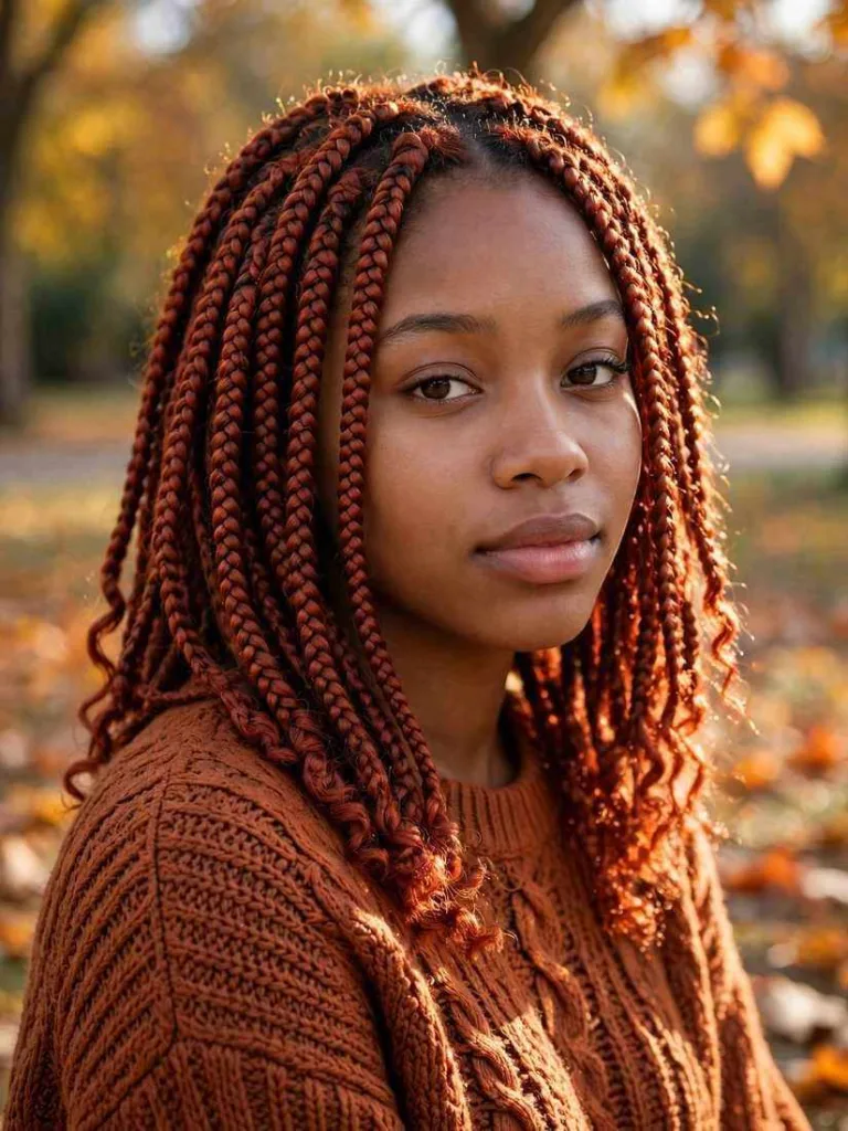 Copper red box braids glowing in sunlight