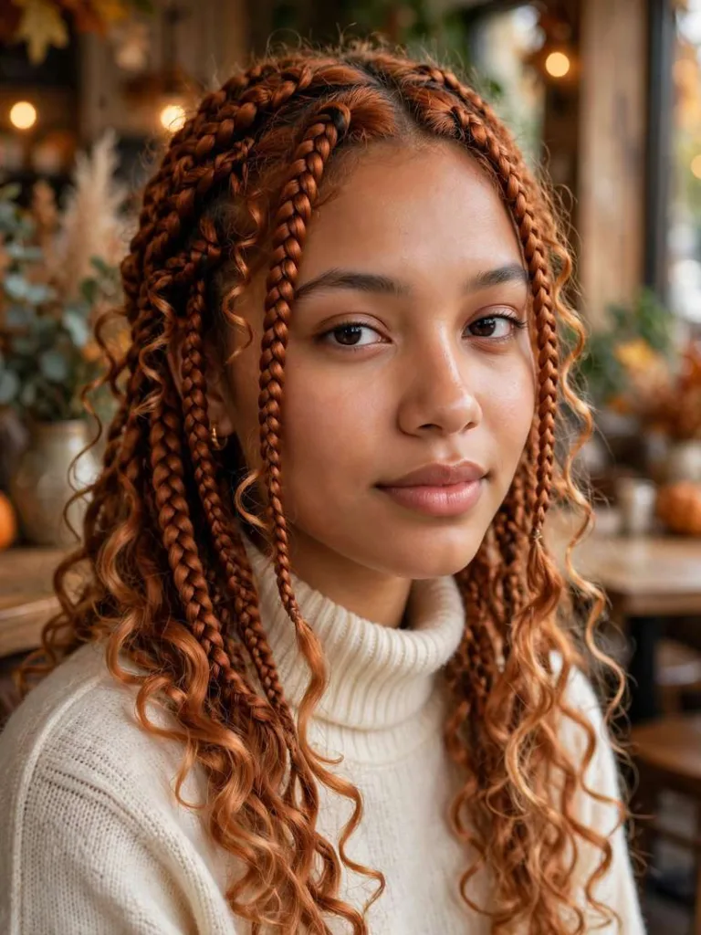 Copper-toned boho braids with lighter copper curls