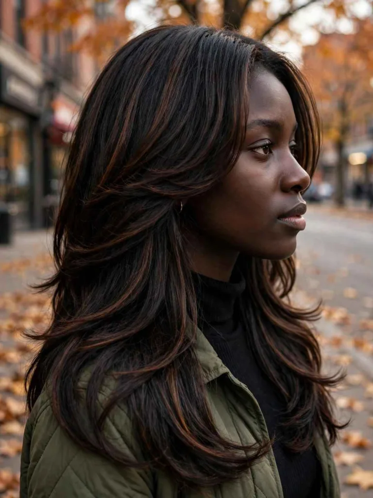 Espresso brown layered hair with a warm dark sheen.