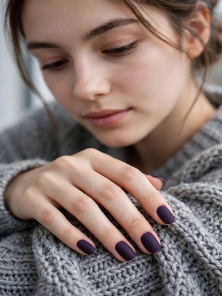 Matte midnight plum manicure with a powdery finish