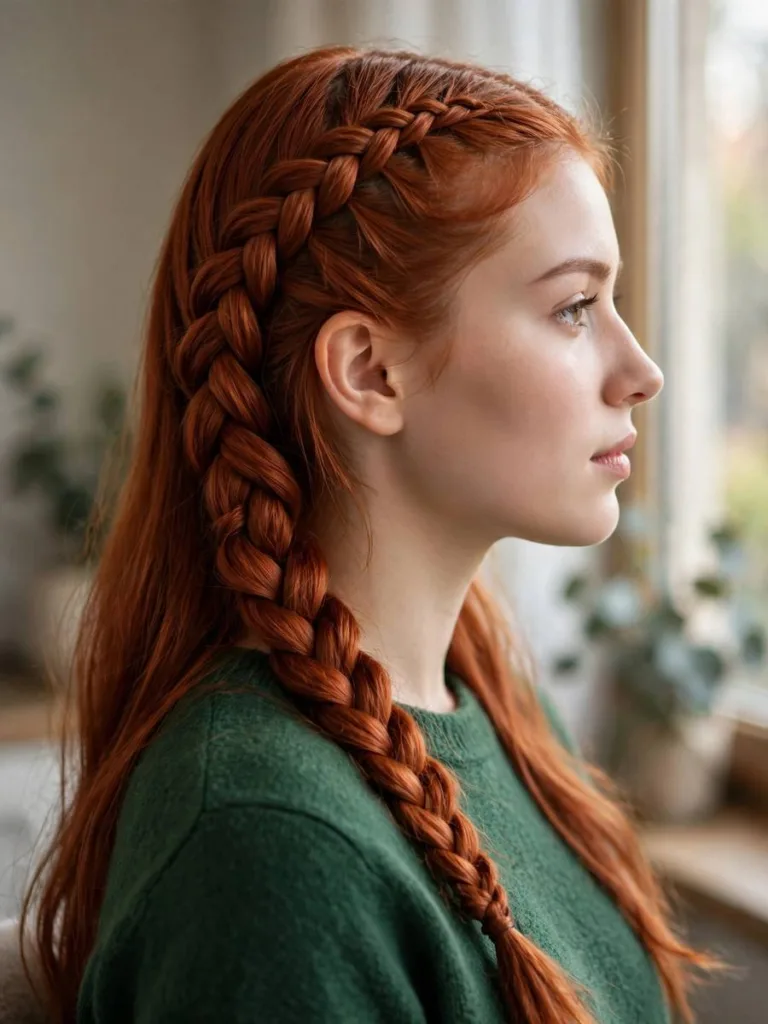 Woman with a side Dutch braid ending over one shoulder