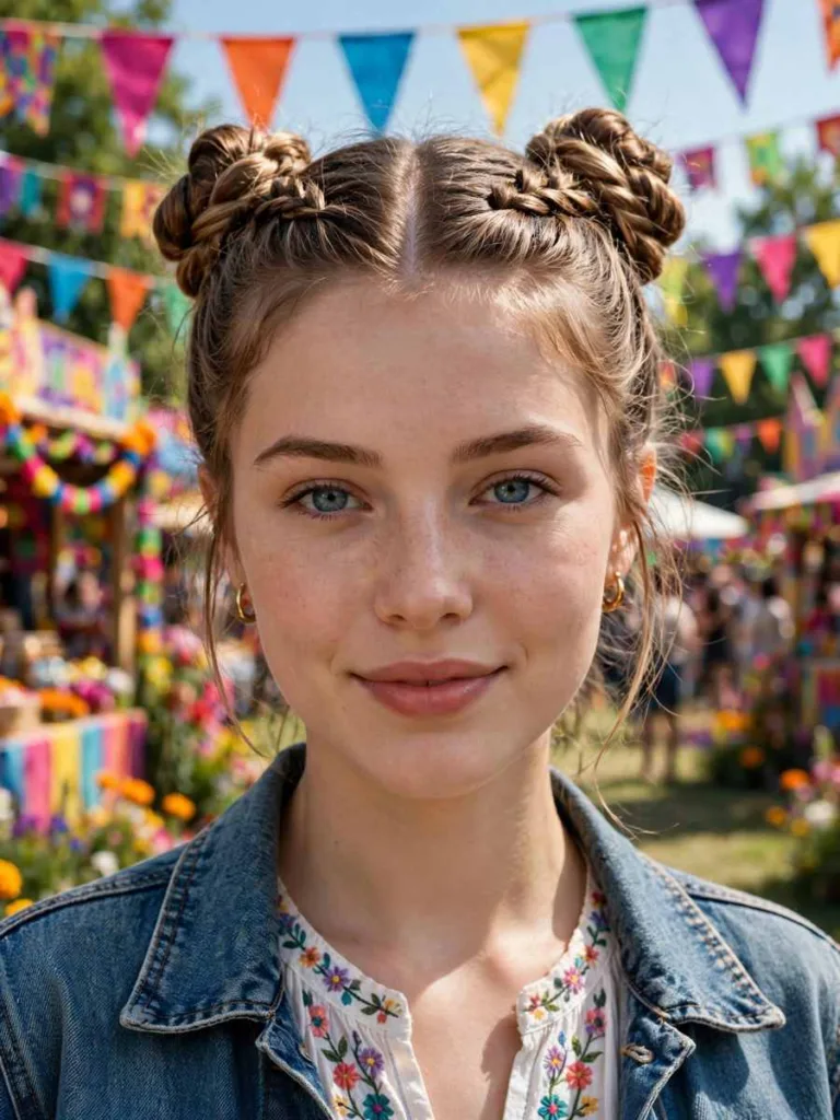 Double Braided Space Buns on a woman in her early 20s, braided bun hairstyle