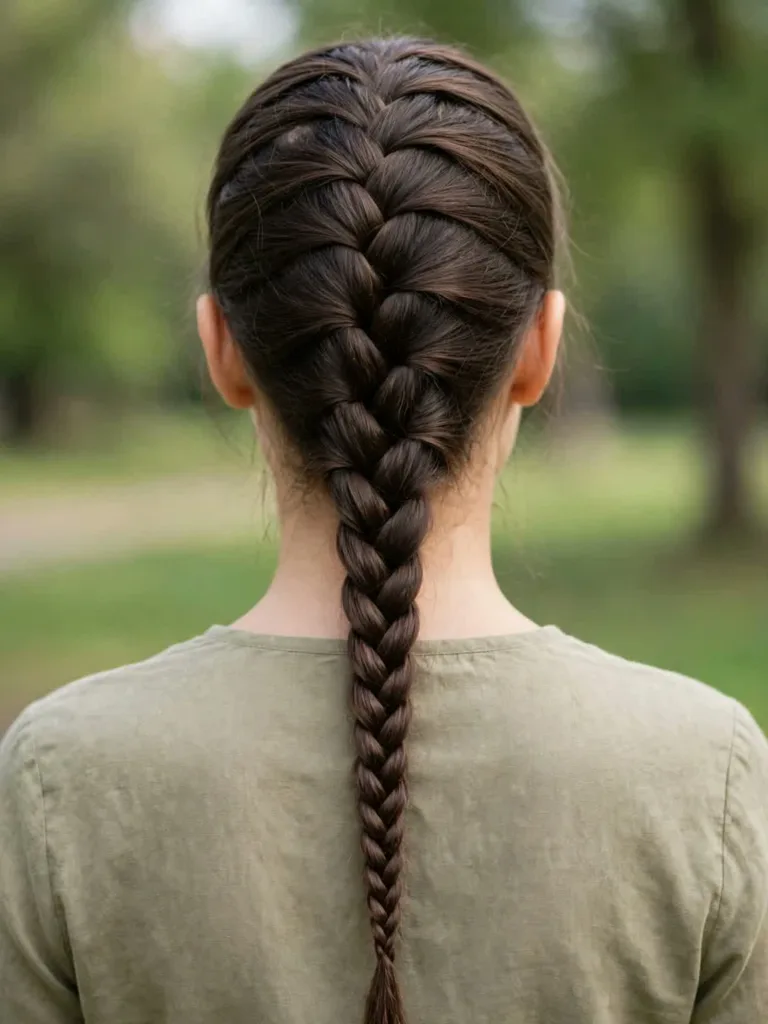 Woman with a Dutch braid switching to a fishtail at the nape