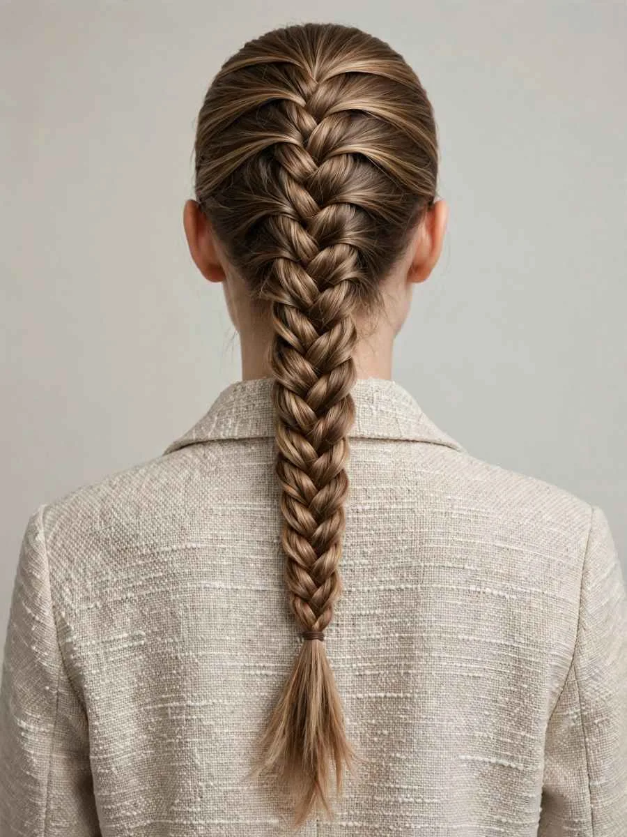 Fishtail braid ponytail with a fine woven pattern from behind