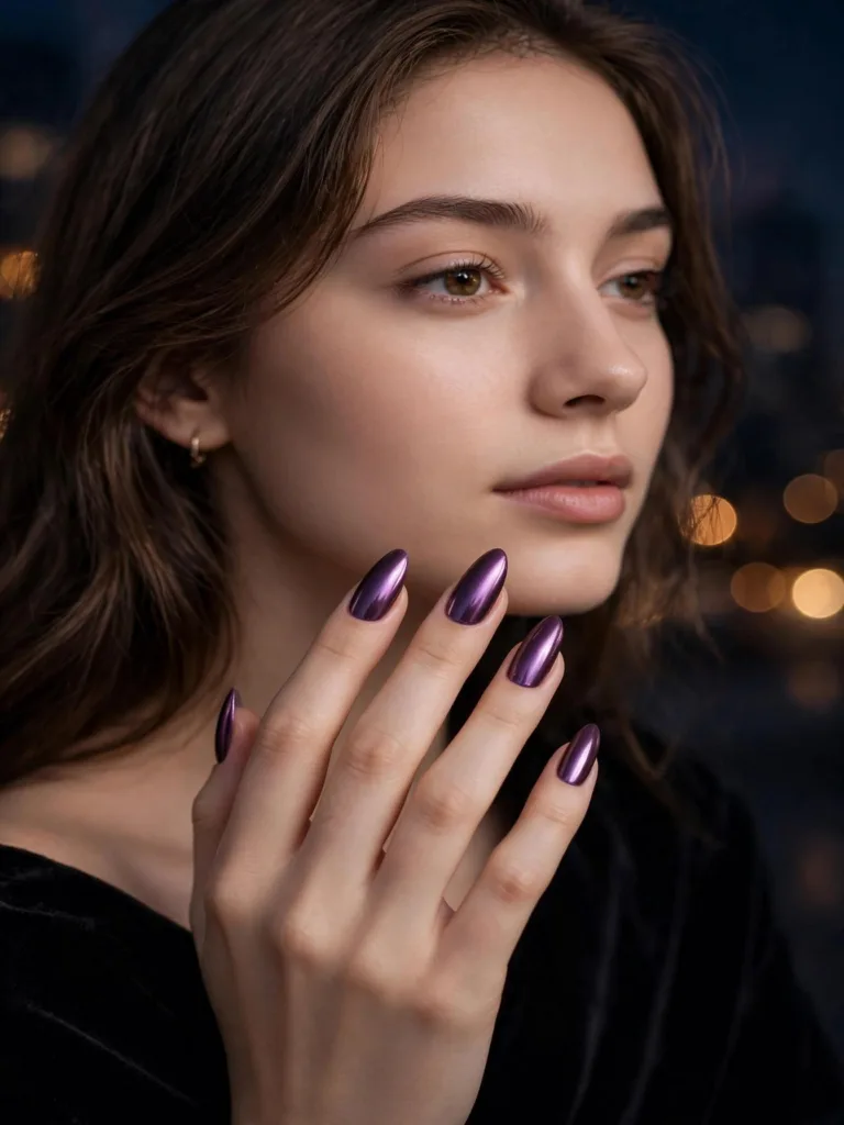 Plum chrome glaze manicure with a metallic sheen