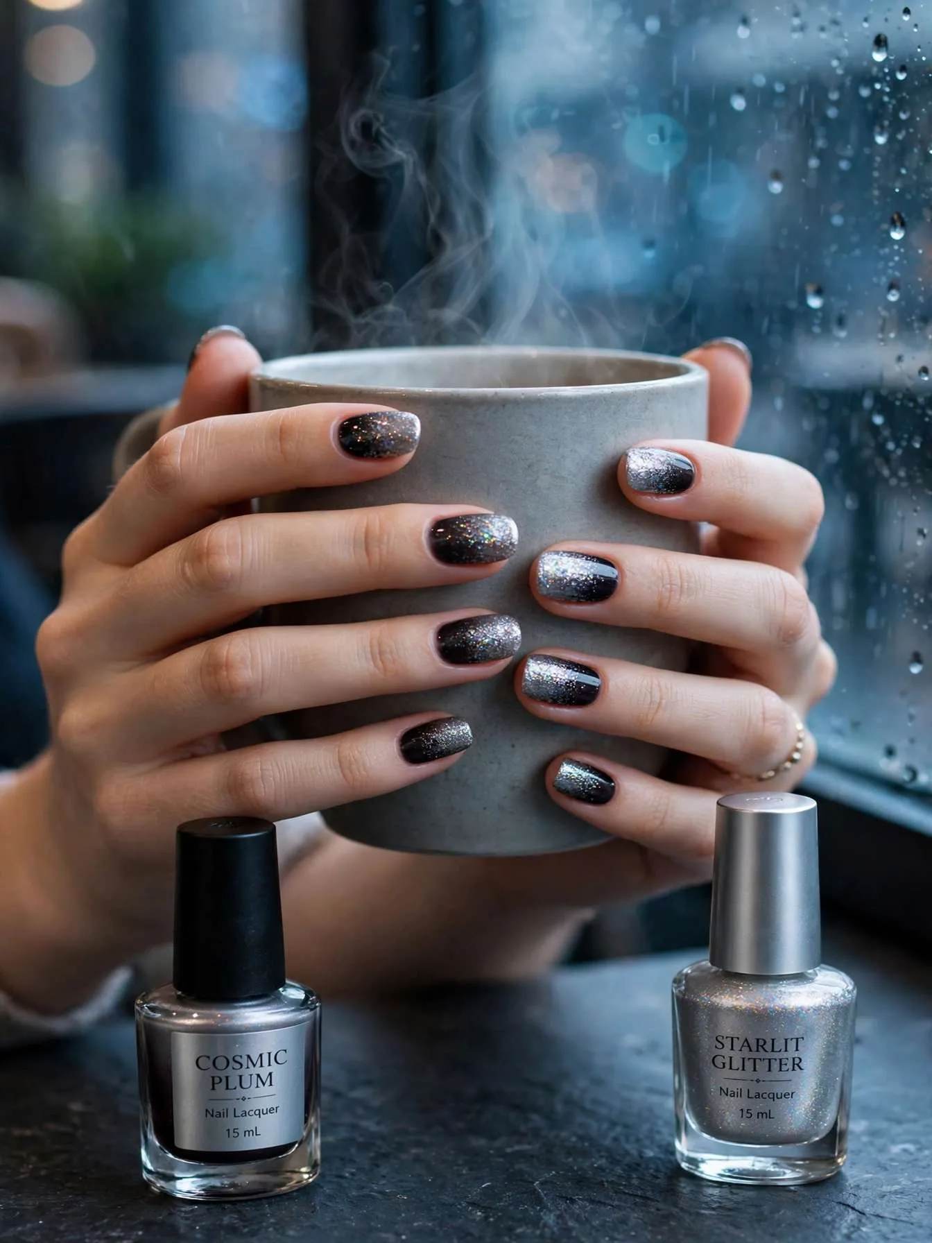Hands wrapped around a steaming ceramic mug in front of a rain-spattered cafe window, showing dark nails with a holographic silver glitter gradient fading from cuticle to tip