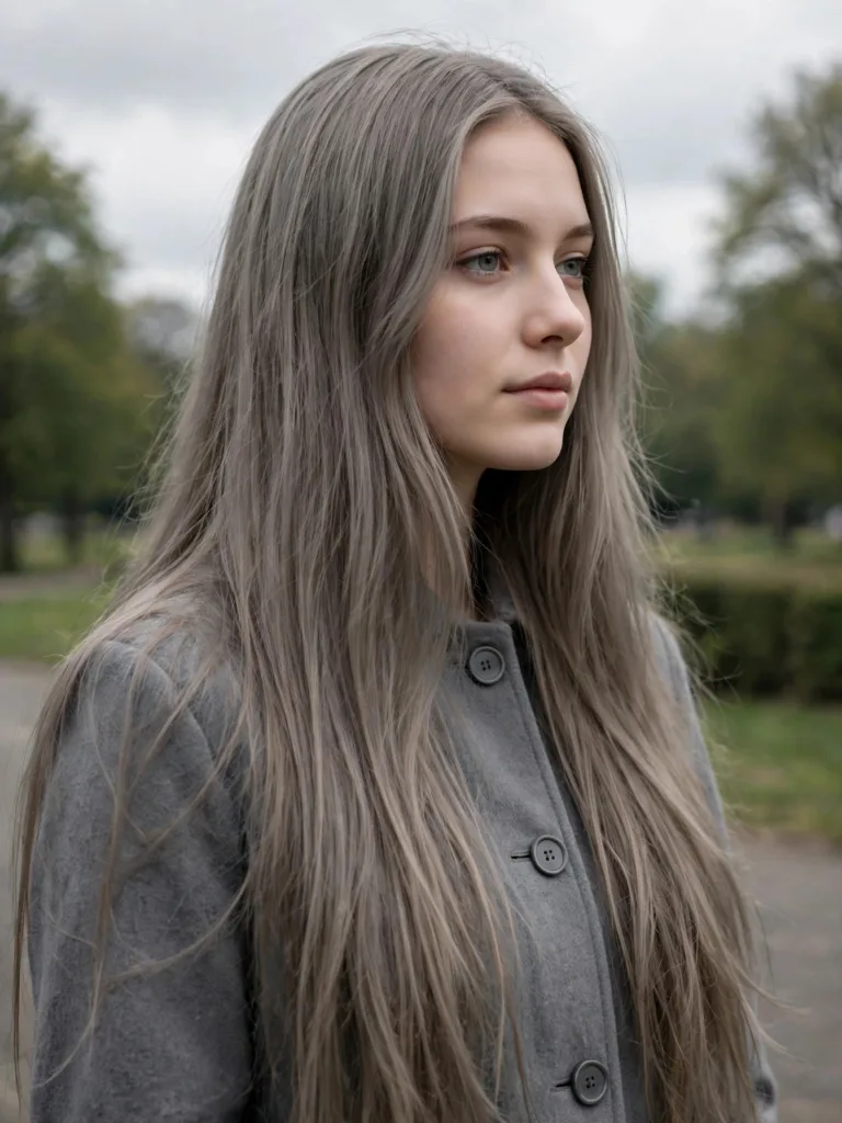 Long smoky ash blonde hair with a muted grey ash tone in front three-quarter view