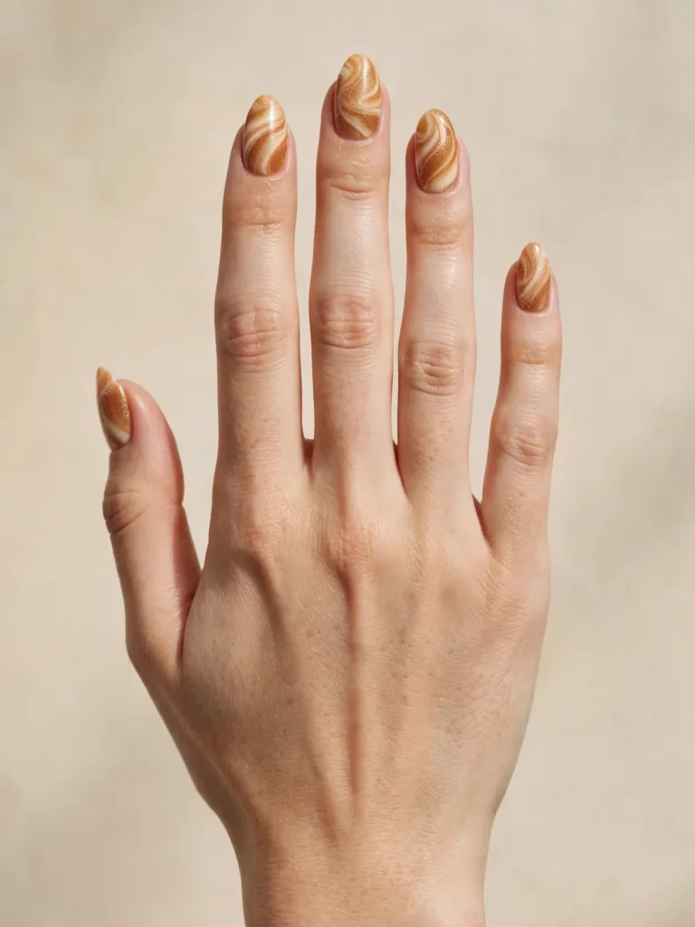Caramel and cream marbled nails with cinnamon shimmer, like a gingerbread latte