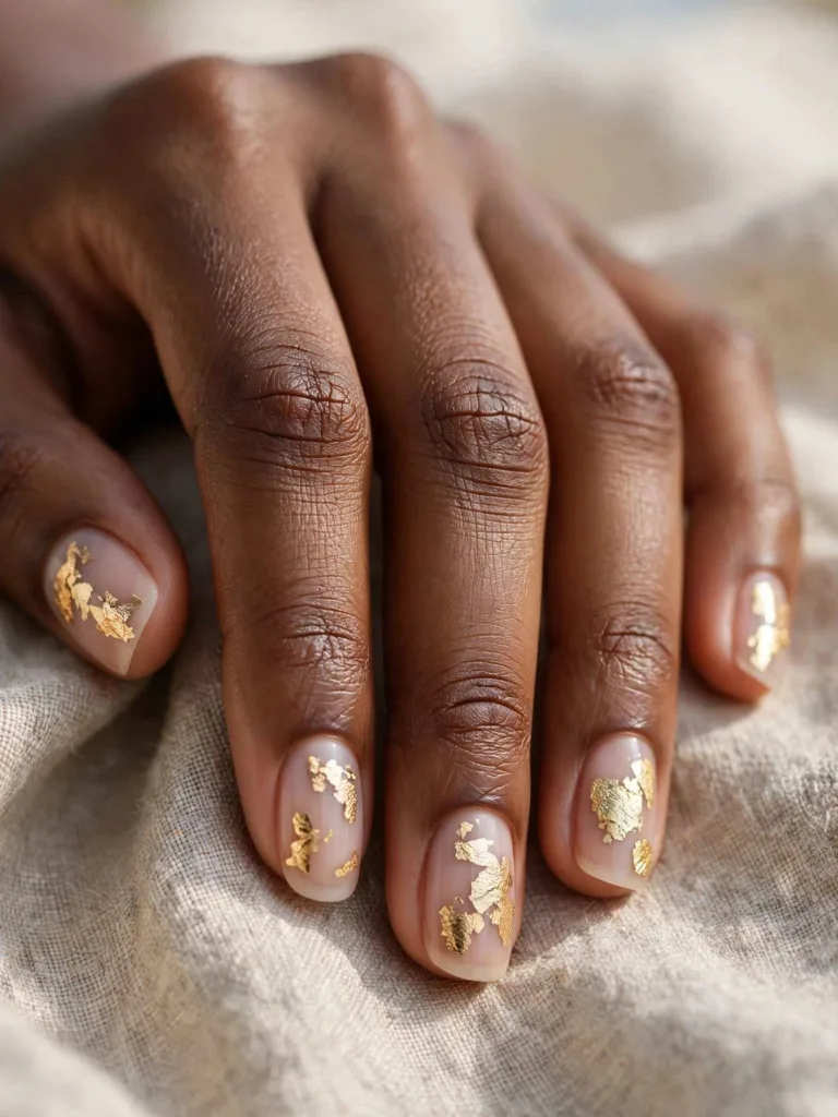 Gold leaf negative space brown and gold nails