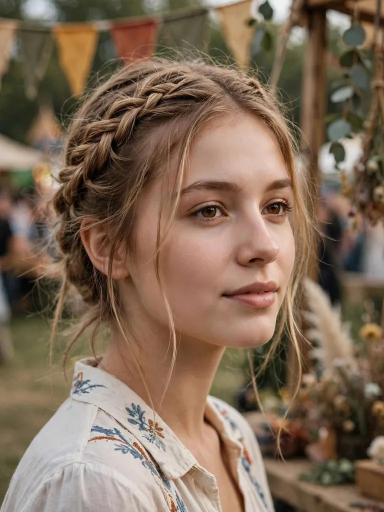 Boho Crown Braid With Loose Strands on a woman in her early 20s, braided crown hairstyle