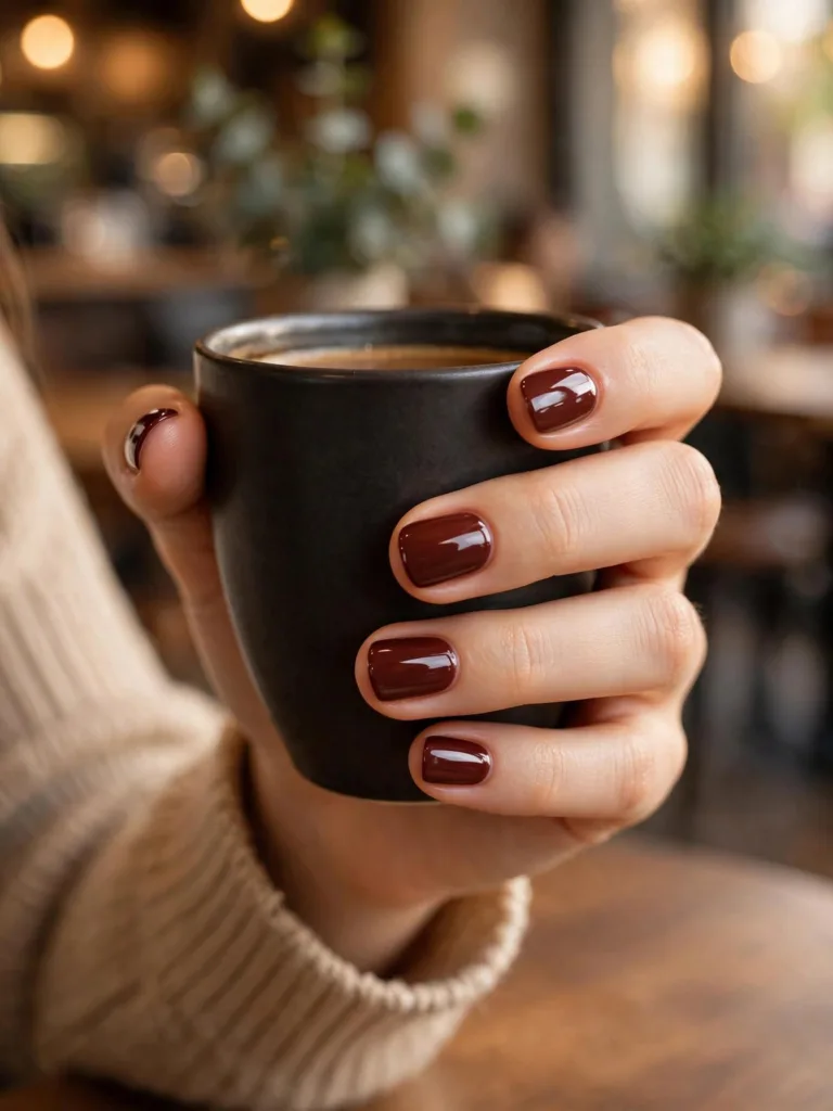 Deep cherry-mocha glossy nails holding a coffee cup