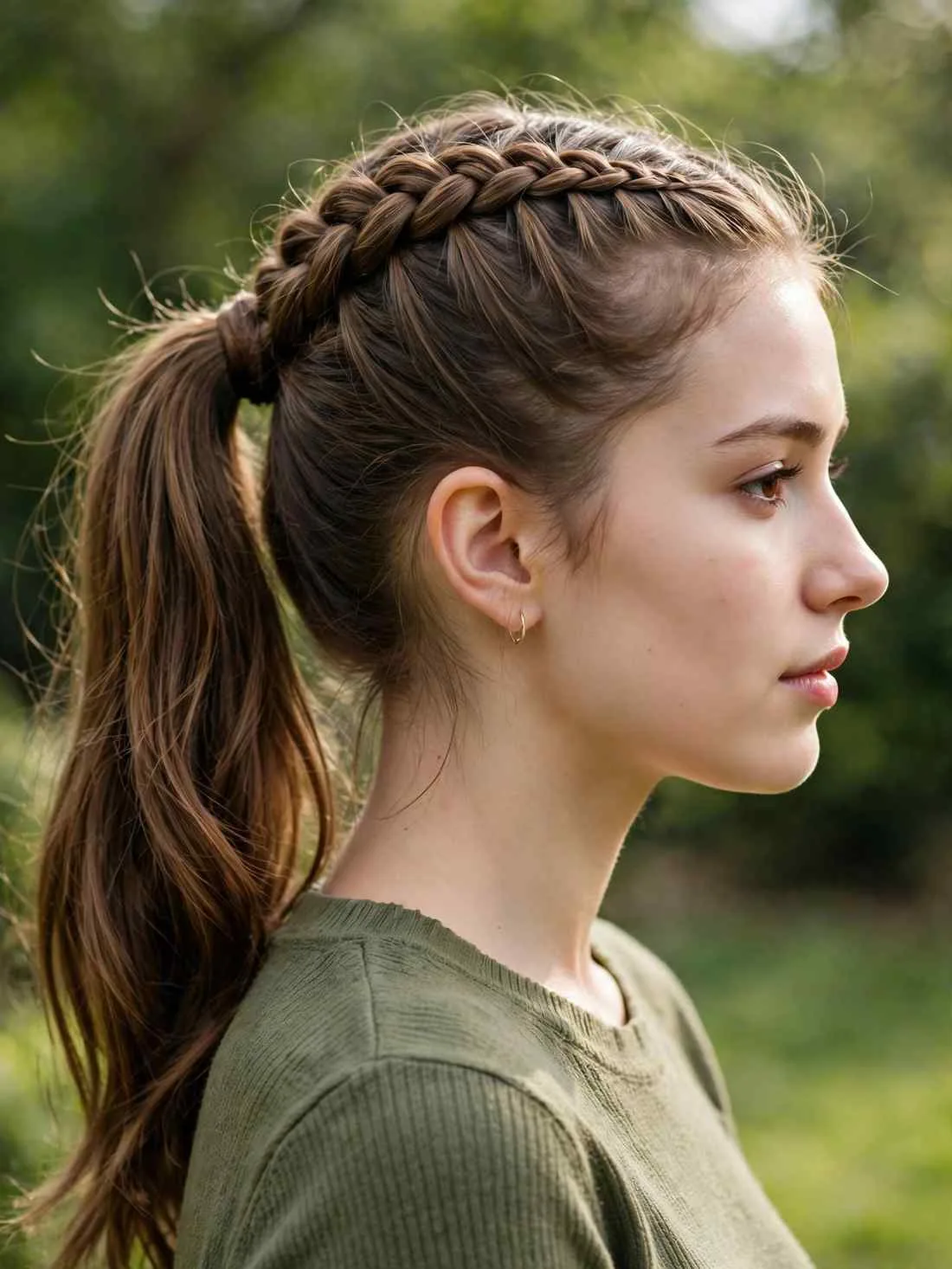 Raised Dutch braid feeding into a ponytail, side profile