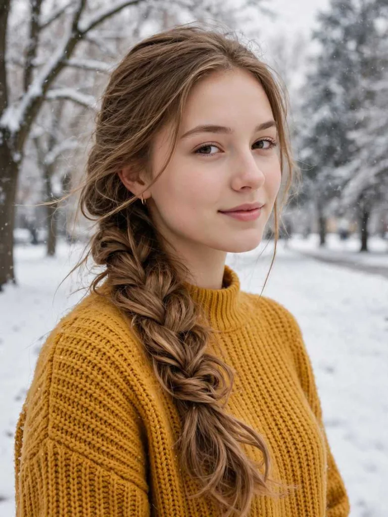 Woman with fishtail braid over one shoulder hairstyle in a winter setting