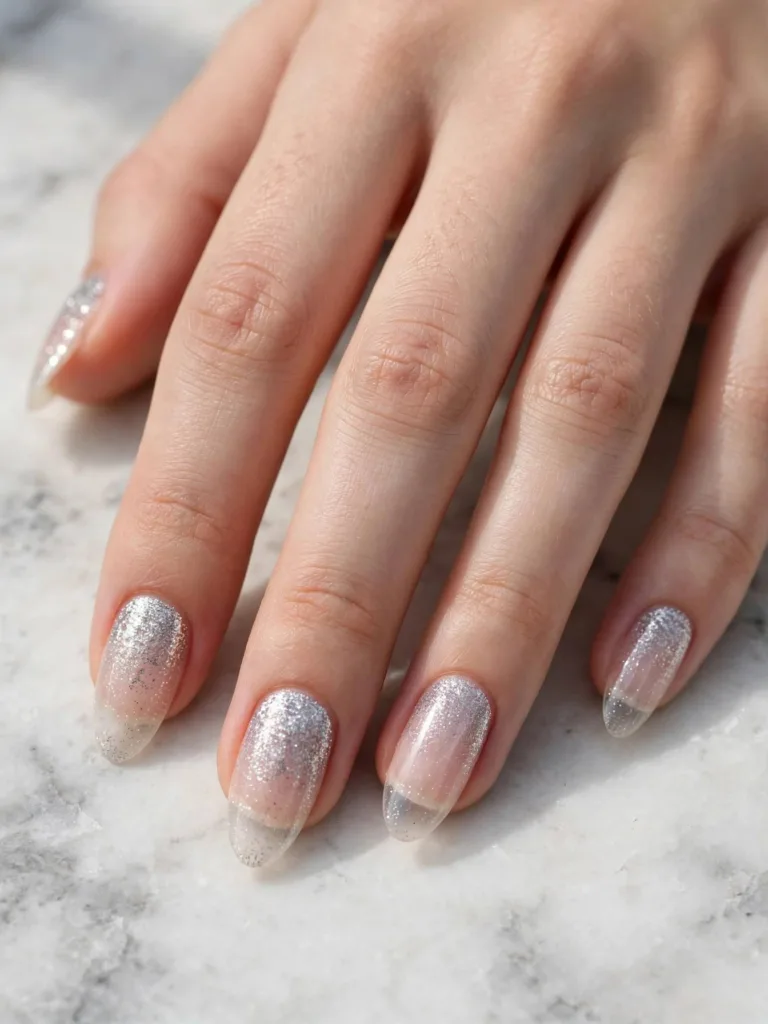 Fine glitter gradient fade disco ball nails on almond nails resting on white marble