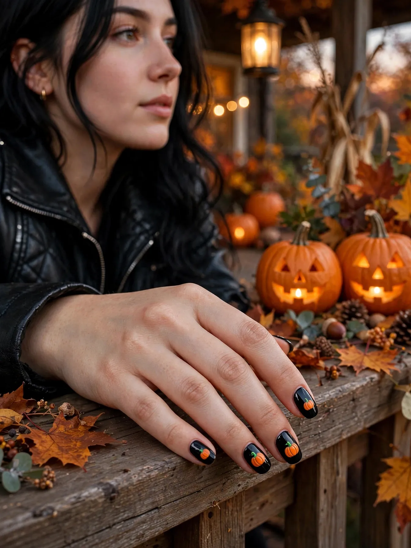 Glossy black nails with hand-painted orange pumpkins