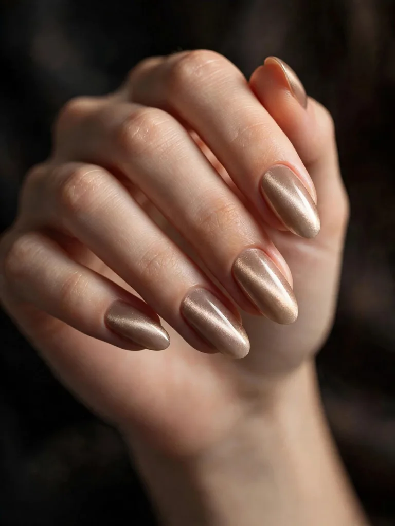 Champagne cat eye engagement nails with a soft magnetic shimmer band