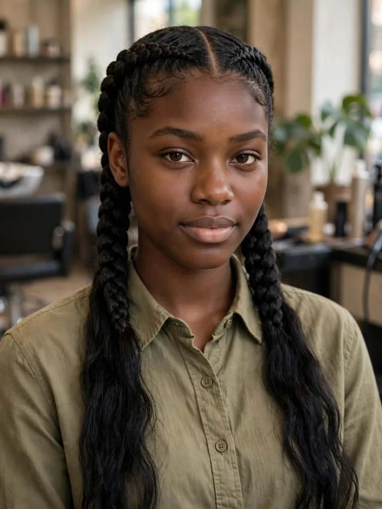 Woman with two cornrows and a center part and long loose ends