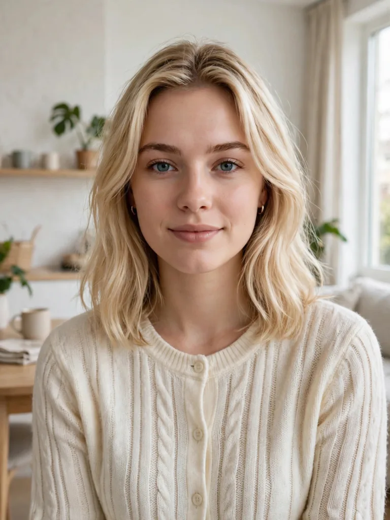 Front view of medium-length butter blonde hair with a creamy warm pale tone