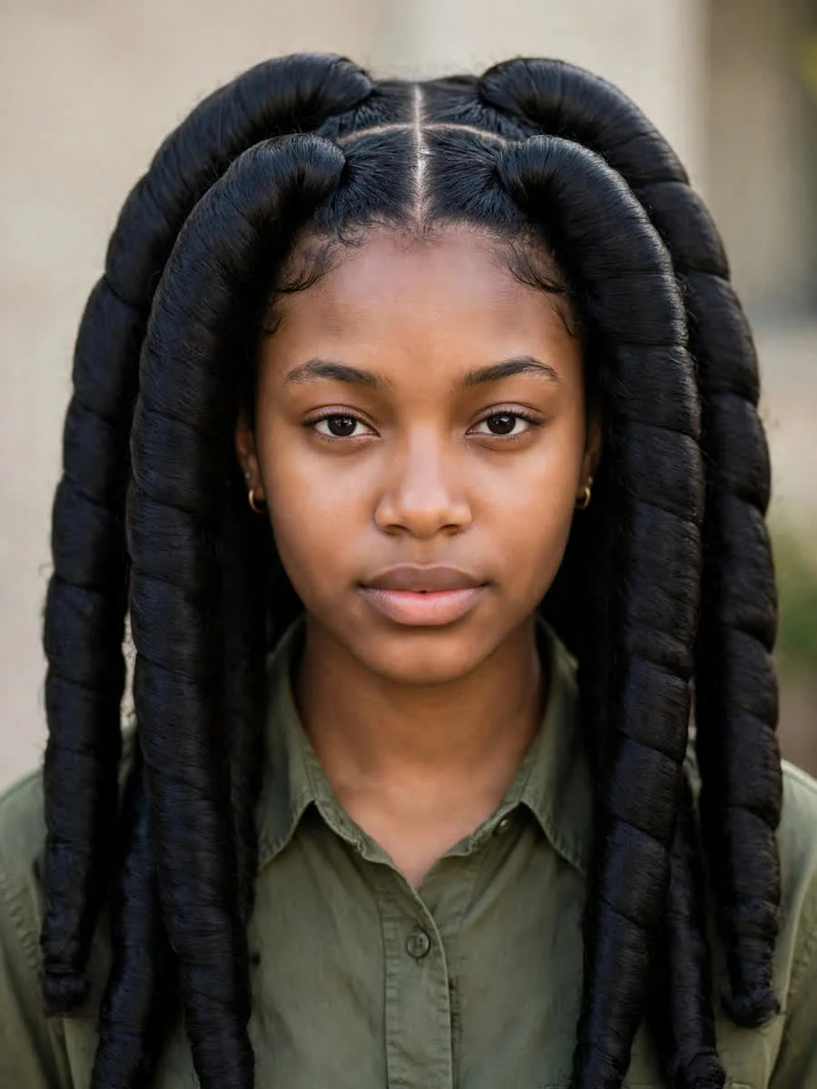Woman with jumbo faux locs in thick sections