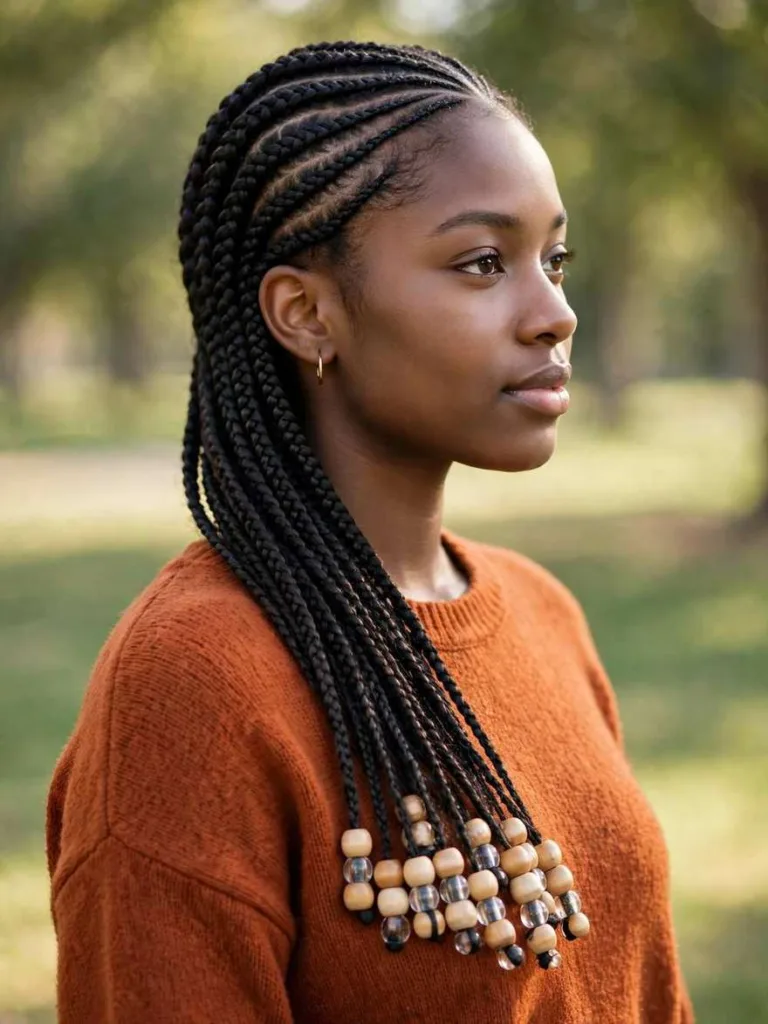 Woman with lemonade braids with side beads hairstyle with beads
