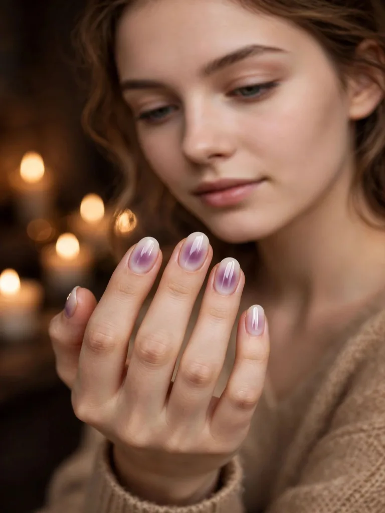 Plum aura manicure with a soft halo over a milky base