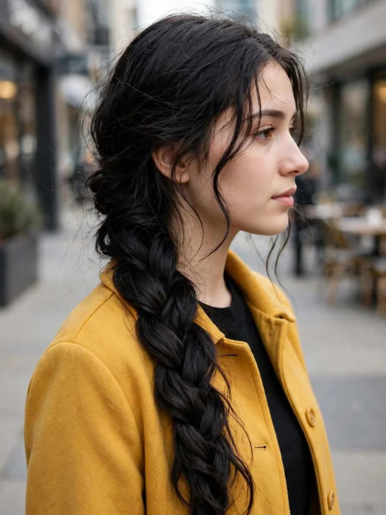 Loose low side braid over one shoulder on long black hair
