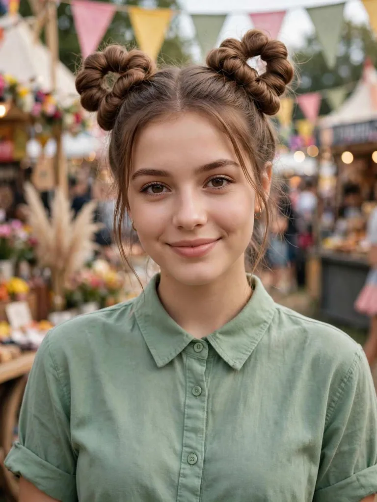 Woman with bubble Space Buns bubble braid hairstyle