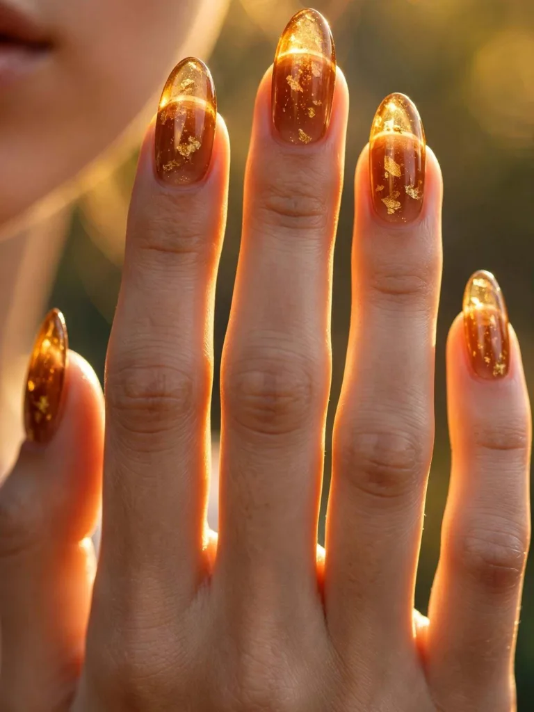Honey brown jelly nails with gold dust inside