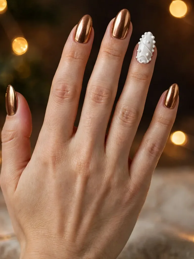 Bronze chrome nails with mirror shine and a white icing accent nail