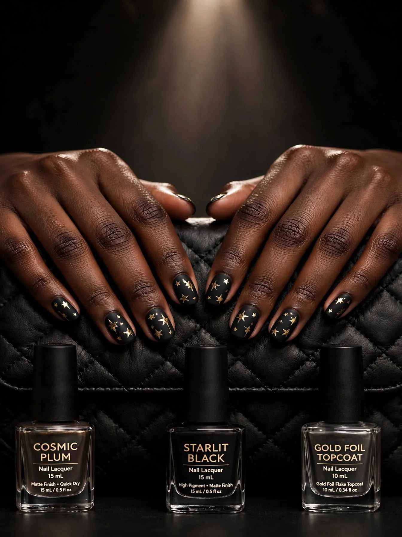 Deep skin tone hands resting on a black quilted clutch under a dramatic spotlight, showing flat matte black nails scattered with gold foil star accents