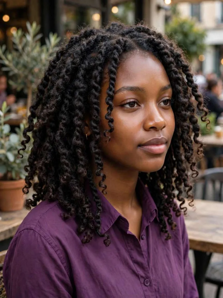 Woman with passion twists in springy two-strand twists with curly ends