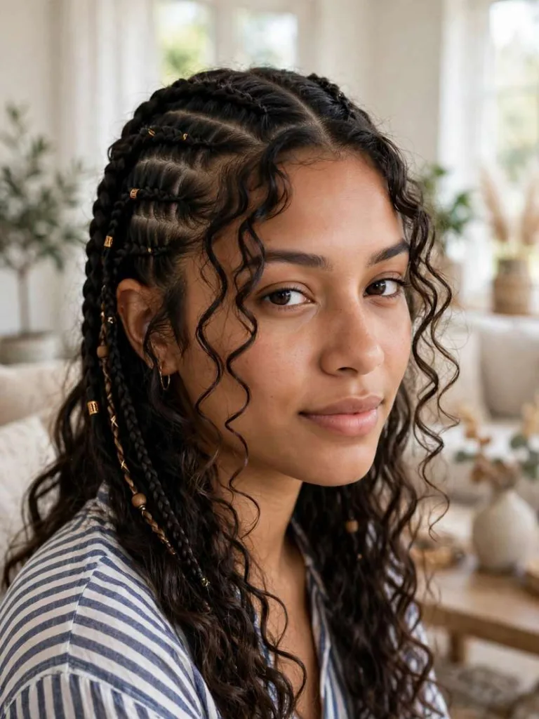 Boho braids in a deep side part with loose curls framing the face