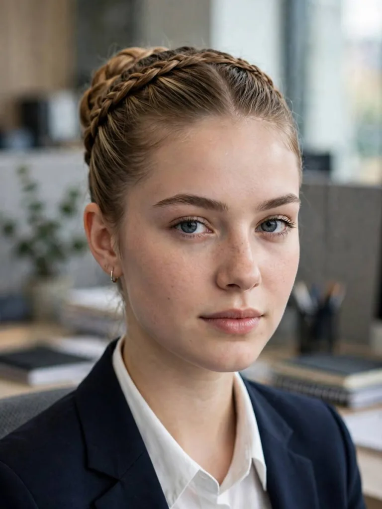 Sleek Braided Bun With Smooth Crown on a woman in her early 20s, braided bun hairstyle