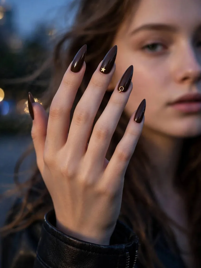 Espresso stiletto nails with tiny gold charms