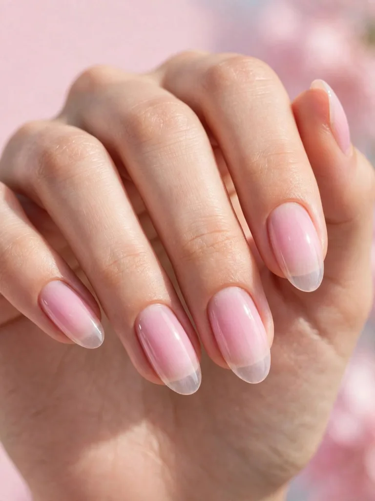 Baby pink ombre fade engagement nails in soft daylight