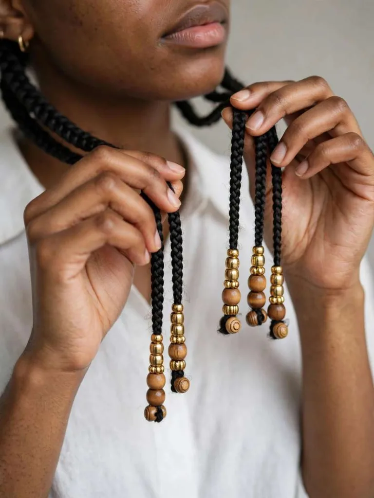 Box braids decorated with gold beads
