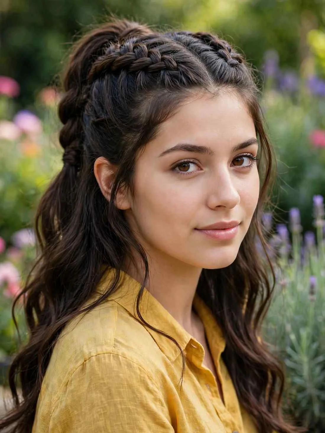 Half-up braided ponytail with crown braids and loose lower hair