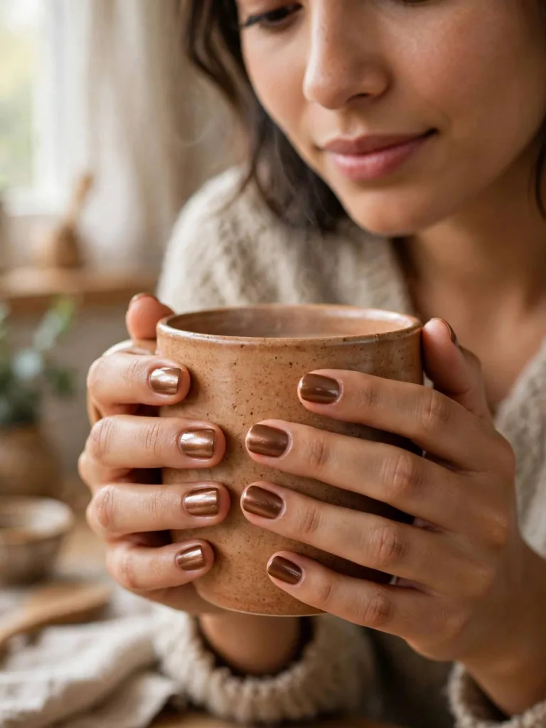 Metallic bronze full glaze brown and gold nails
