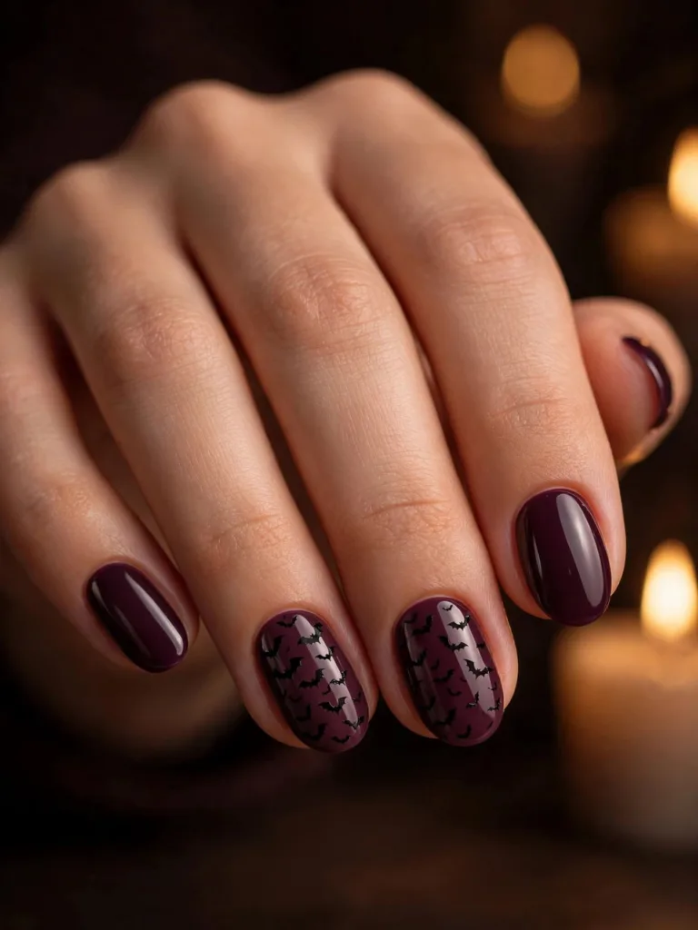 Tiny black bat silhouettes scattered over plum nail polish