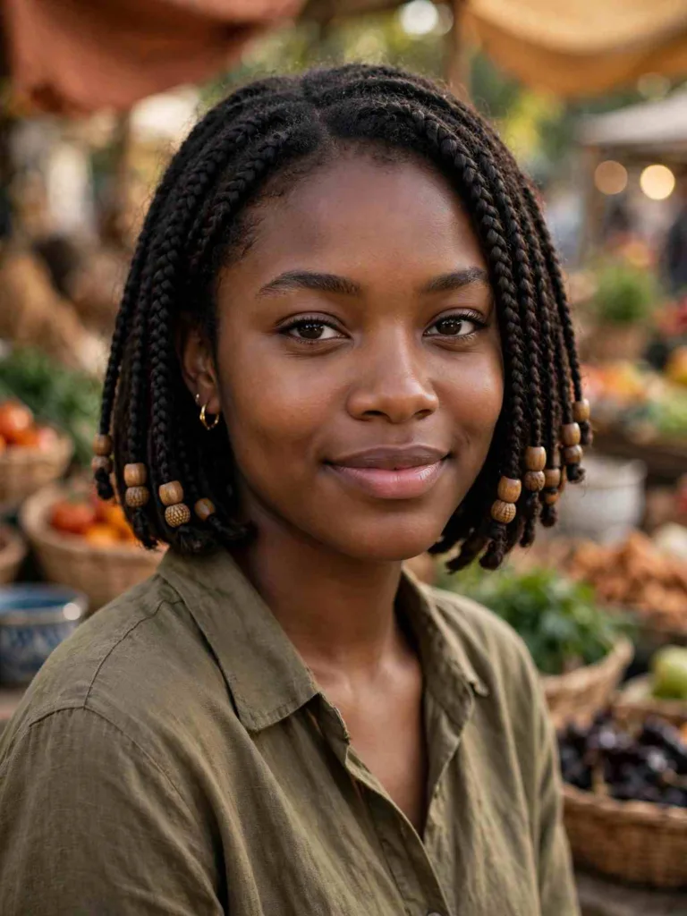 Bob braids with wooden beads on the ends